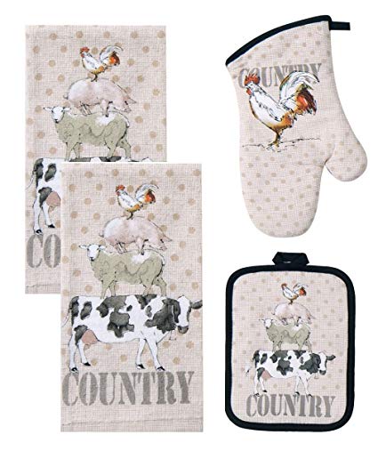 4 Piece Farm Life Kitchen Bundle / Set - 2 Terry Towels, Oven Mitt, Potholder