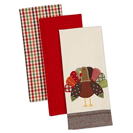 DII 100% Cotton, Machine Washable, 3-Piece, Everyday Kitchen Dishtowel Set, Includes 1 Waffle, 1 Embroidered & 1 Plaid Dishtowel, 18 x 28 Set of 3-Thanksgiving Turkey