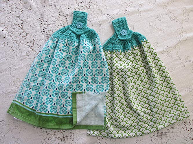 Set of 2 Pioneer Woman Leaf Scallop Blue & Green Double Layer Hanging Kitchen Towels, Best Quality, Crochet Top