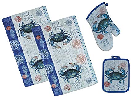 4 Piece Blue Crab Crabfest Kitchen Set - 2 Terry Towels, Oven Mitt, Potholder