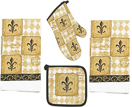 4 Piece Majestic Fleur De Lis Kitchen Set - 2 Terry Towels, Oven Mitt, Potholder