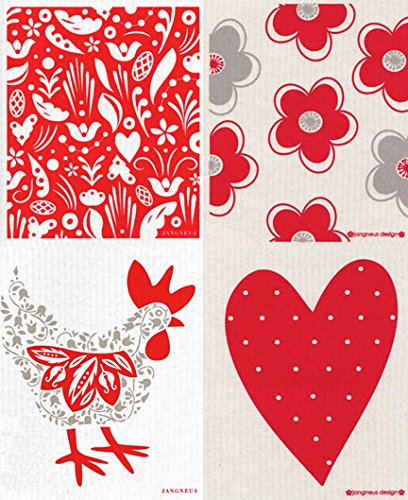 Swedish Dishcloth - Set of 4 (RD) RED & GREY Flowers, Hen, Heart +