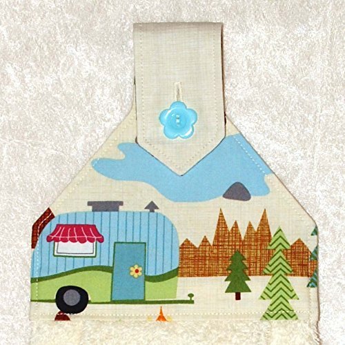 Hanging Kitchen Towel - Ivory Plush Towel With Button in Scenic Camper Print - RV Camping Decor