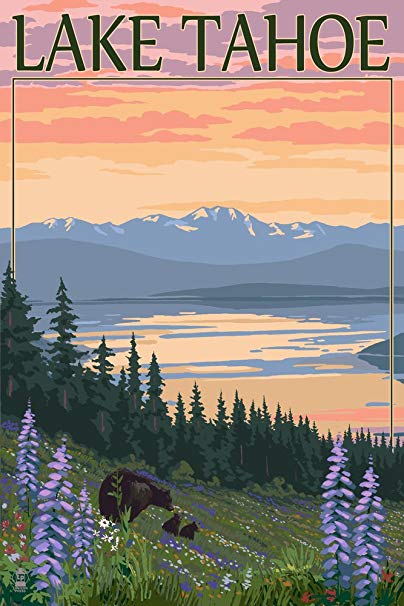 Lake Tahoe - Bear Family and Spring Flowers (16x24 Giclee Gallery Print, Wall Decor Travel Poster)