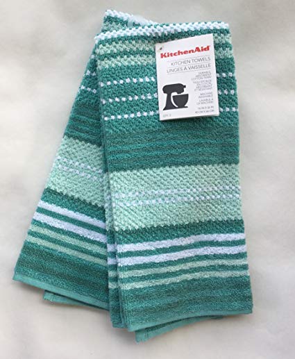 KitchenAid 100% Cotton Kitchen Towels Aqua Blue Turquoise Stripe 2 Pack